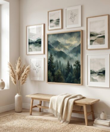 Misty Mountain Forest Painting | Dark Teal Green Landscape Art | Moody Nature Print | Rustic Cabin Decor Digital Download