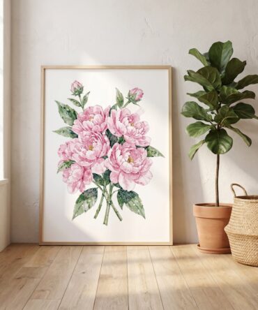 Pink Peony Watercolor Art Print | Botanical Floral Bouquet Digital Download | Boho Cottagecore Home Decor | Mother's Day Gift