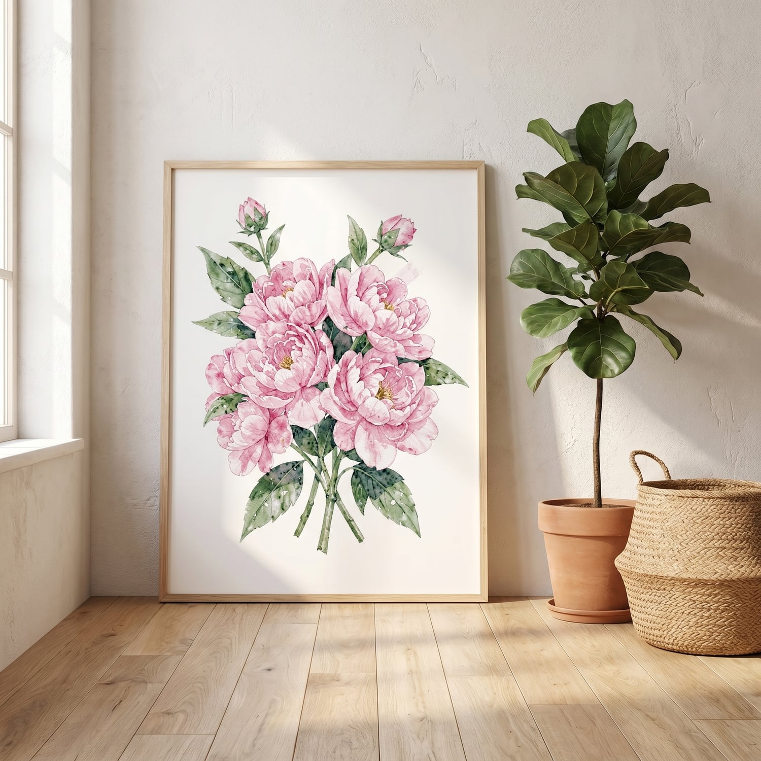 Pink Peony Watercolor Art Print | Botanical Floral Bouquet Digital Download | Boho Cottagecore Home Decor | Mother’s Day Gift