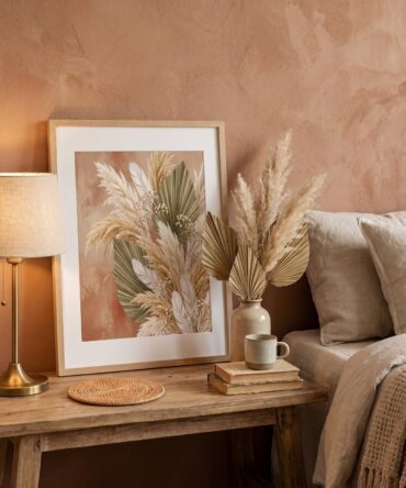 Boho Pampas Grass Wall Art | Bohemian Botanical Print with Dried Palms & Feathers | Earthy Tones Digital Download for Bedroom Decor