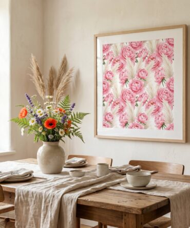 Watercolor Wall Art Prints | Floral Peony Pampas & Cat Art | Printable Home Decor Digital Download